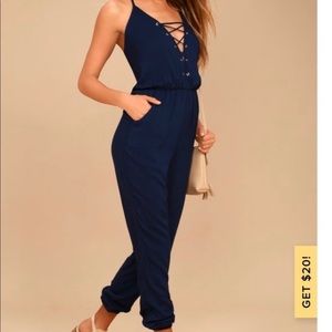 Lulu’s Unpredictable Navy Blue Lace-Up Jumpsuit